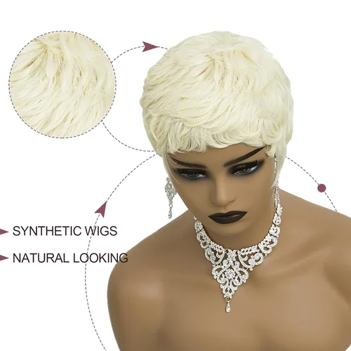 Miniatura 5 de Pelucas cortas rubias de corte Pixie para mujeres negras, pelucas cortas con flequillo para mujeres negras, pelucas en capas (rubio)