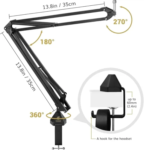 Miniatura 5 de TONOR Micrófono de condensador de 192 kHz/24 bits, kit de micrófono cardioide USB con brazo de pluma mejorado/soporte de choque de araña