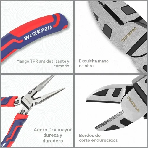 Miniatura 3 de WORKPRO Juego de alicates de 5 piezas con bolsa de almacenamiento, nariz larga de 7 pulgadas, diagonal de 6 pulgadas, junta de ranura de 8 pulgadas