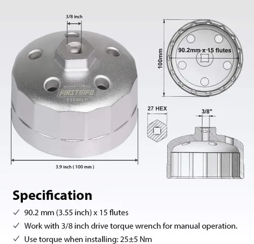 Miniatura 3 de FIRSTINFO F3546LR Llave para filtro de aceite de 9/32" de 90.2mm con 15 ranuras, compatible con Land Rover y Jaguar - Compatible con motores a gas