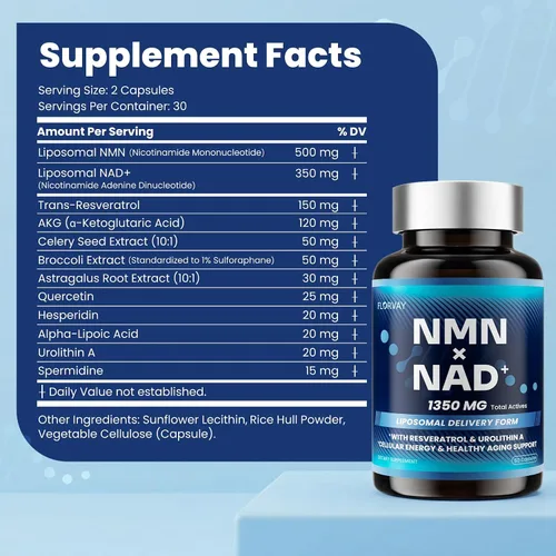 Miniatura 6 de Suplemento liposomal NMN + NAD+ - Soporte de NAD+ de doble fuente con resveratrol, AKG y urolitina A - Energía celular, vitalidad y bienestar diario