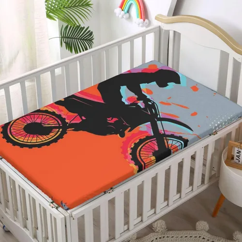 Miniatura 2 de Sábana bajera ajustable para cuna con temática de motocross, sábana bajera estándar para cuna, suave y transpirable, sábana de colchón para cuna