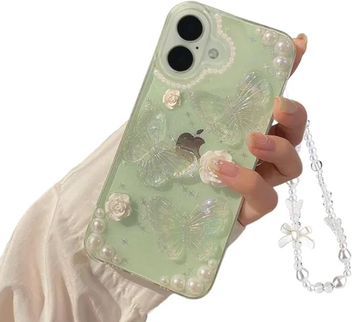 Miniatura 19 de Funda compatible con iPhone 13 Mini 3D, diseño floral de mariposa, transparente con diseño estético, fundas protectoras con purpurina y cristales