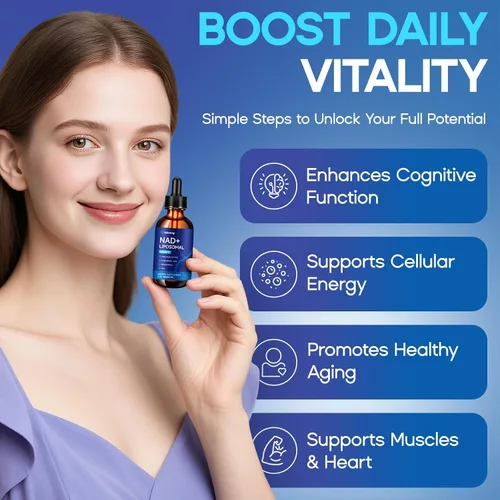 Miniatura 3 de Suplemento líquido liposomal NAD – 1500 mg NAD+ gotas para mujeres y hombres con resveratrol y ribósido de nicotinamida, PQQ, colágeno y cúrcuma