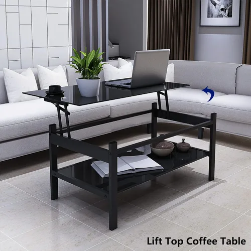 Miniatura 4 de Mesa de centro elevable con almacenamiento, mesas de centro modernas de vidrio negro para sala de estar, 37.8 pulgadas rectangular de vidrio