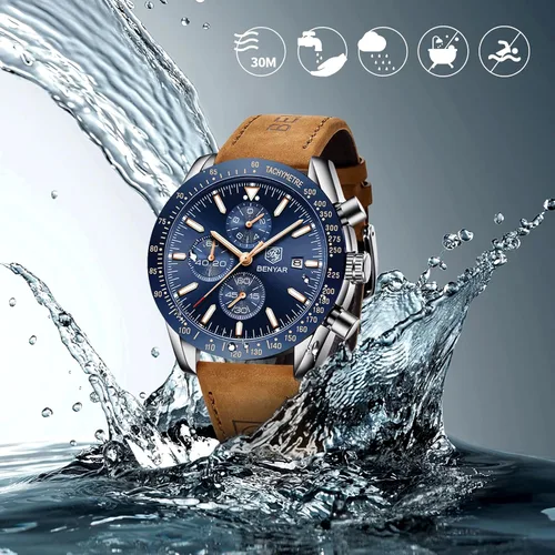 Miniatura 6 de BENYAR Mens Watches Quartz Movement Chronograph Leather Strap Fashion Business Sport Design 30M Waterproof Scratch Resistant Wristwatch Elegant