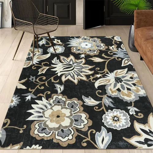 Miniatura 17 de Lahome - Tapete floral con estampado de cachemira, lavable, antideslizante, pequeño, anti-manchas, suave, para baño, entrada, dormitorio, Negro