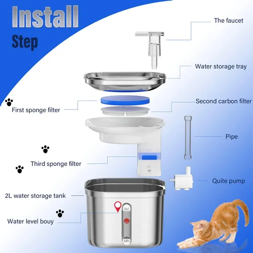 Miniatura 3 de Fuente de agua para gatos Homtyler, fuente de agua para mascotas de acero inoxidable para gatos en interiores, 3 filtros y bomba ultra silenciosa