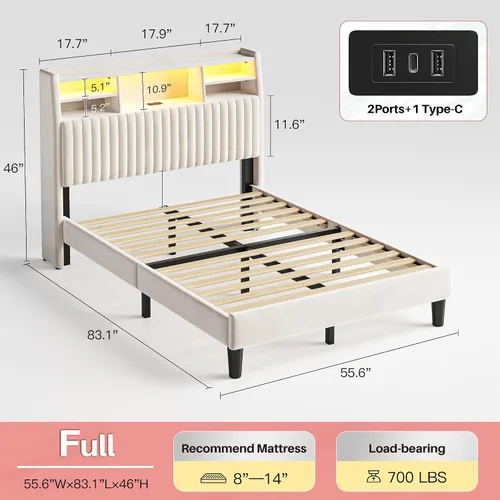 Miniatura 2 de Homkdom Base de cama de tamaño matrimonial, cabecera tapizada de canal vertical con estantes de almacenamiento, marco de cama de terciopelo con Beige