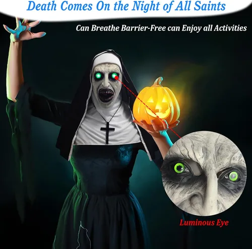 Miniatura 3 de Máscara de terror de monja 2024, máscara de disfraz de cabeza completa con collar de cruz para fiesta de Halloween