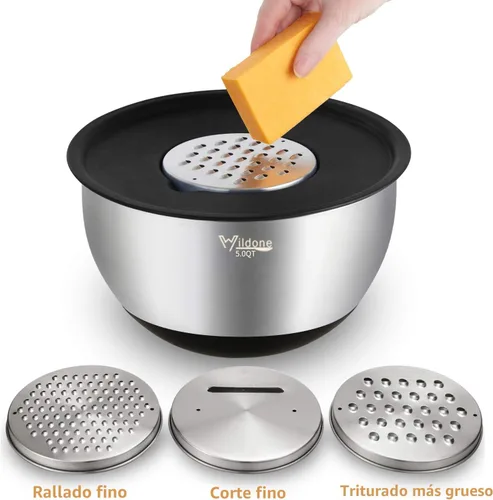 Miniatura 3 de Wildone Juego de Tazones Mezcladores con Tapas Herméticas, 5PCS Tazones de Acero Inoxidable Anidables para Cocina, con Accesorios de Rallador