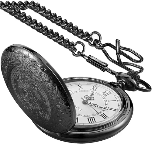 Miniatura 2 de Large Decorative Flower Pattern White Roman Numeral Scale Quartz Pocket Watches for Men with Chain