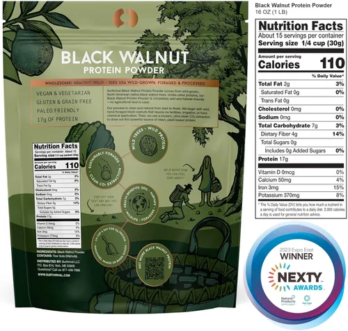 Miniatura 2 de Surthrival: Proteína en polvo de nogal negro, forrajada silvestre, cosechada éticamente, 0.76 onzas de proteína, de origen estadounidense, vegano