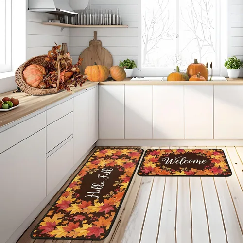 Miniatura 10 de Juego de 2 alfombras y tapetes de cocina de otoño, alfombras de cocina de Acción de Gracias, con respaldo antideslizante, decoraciones de otoño