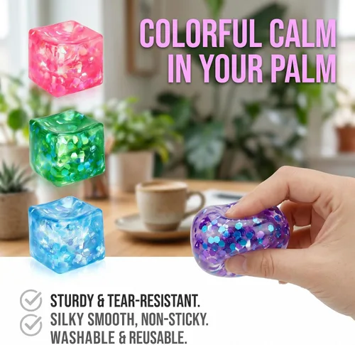 Miniatura 3 de 4 Pack Glitter Ice Cube Squishy, Slow Rising Stress Relief Toys, Square Stree Balls Fidget Toys for Adults Boys Girls, Squeeze Ball Sensory Toys for