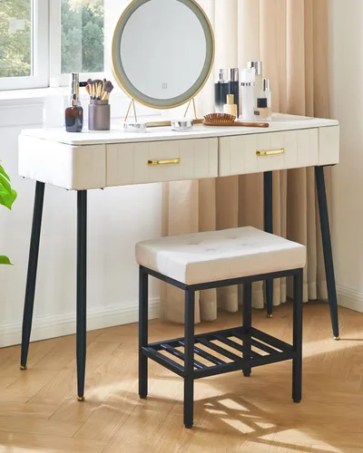 Miniatura 4 de IBUYKE Taburete de maquillaje rectangular con pies ajustables y espacio de almacenamiento, silla reposapiés, taburete de tocador de asiento de lino