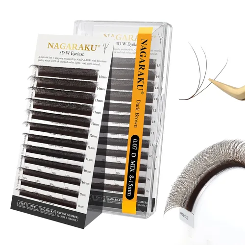 Miniatura 66 de NAGARAKU Extensiones de pestañas Double Tips 4D W, suministros con puntas dobles, gruesas con rizado D de 0.07 mm, bandeja mixta 8-15 mm, 0.07-D