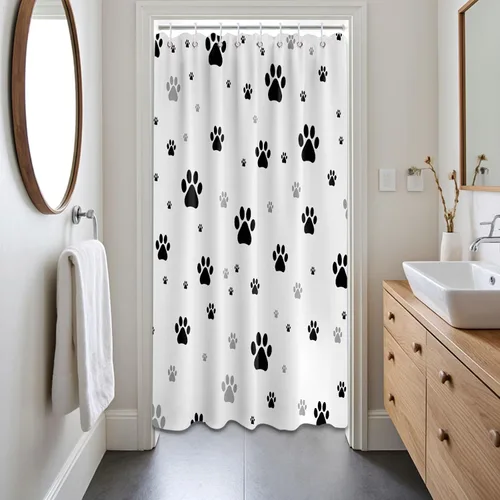 Miniatura 2 de Cortina de ducha con estampado de patas, perro y gato, decoración divertida de baño para niños, tela impermeable con ganchos