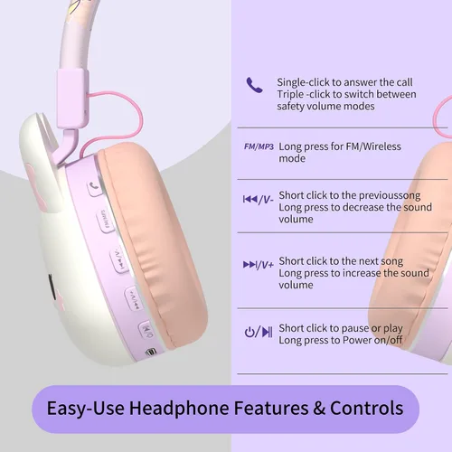 Miniatura 6 de Auriculares Bluetooth para niños, límite de volumen de 85 dB, ultra suaves sobre la oreja, micrófono incorporado, plegables, diseño de animales