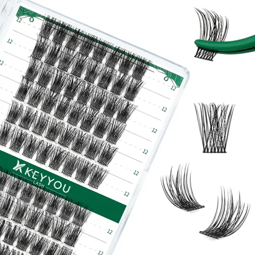 Miniatura 78 de KEYYOU Racimos de pestañas, 96 piezas de extensiones de pestañas DIY, rizado D de 16 mm, negro, realista, no irritante, fácil de colocar en casa
