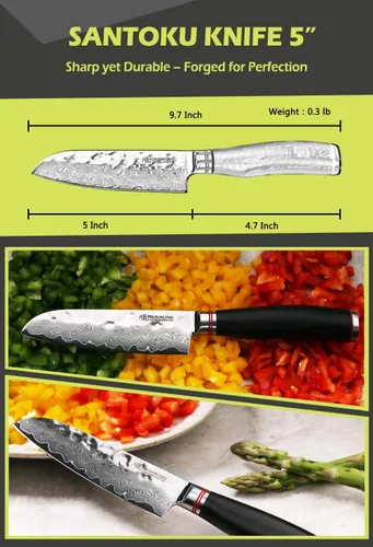 Miniatura 5 de YOUSUNLONG Santoku - Cuchillo japonés de 5 pulgadas, 67 capas, acero de Damasco martillado con madera de plomo natural Ebany