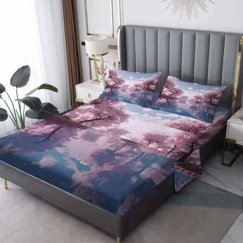 Miniatura 8 de Juego de sábanas de 3 piezas con estampado de flor de cerezo, tamaño individual, diseño de árbol de Sakura, sábanas y fundas de almohada, sábana
