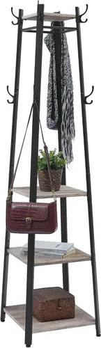 Miniatura 7 de VASAGLE Perchero con 3 estantes, árbol de pasillo independiente con ganchos para bufandas, bolsos, paraguas, marco de acero, estilo industrial
