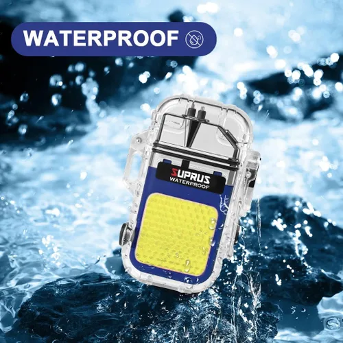 Miniatura 4 de SUPRUS Impermeable 3 modos de linterna a prueba de viento, encendedor de doble arco eléctrico recargable de plasma de doble arco con silbato de Azul