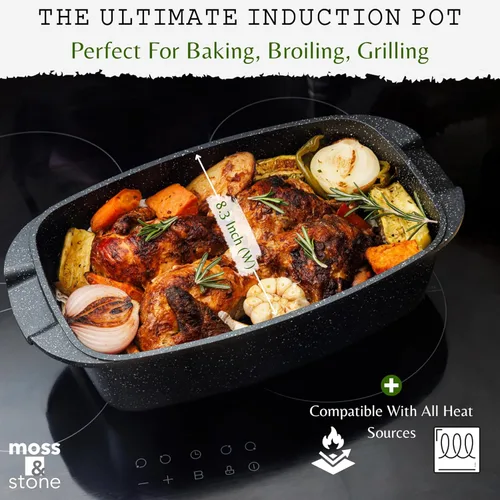 Miniatura 5 de Moss & Stone Olla Asadora Ovalada de 6 Cuartos con Tapa, 12"x8.3" Asador de Pollo de Aluminio Fundido a Presión, Compatible con Inducción, Gas