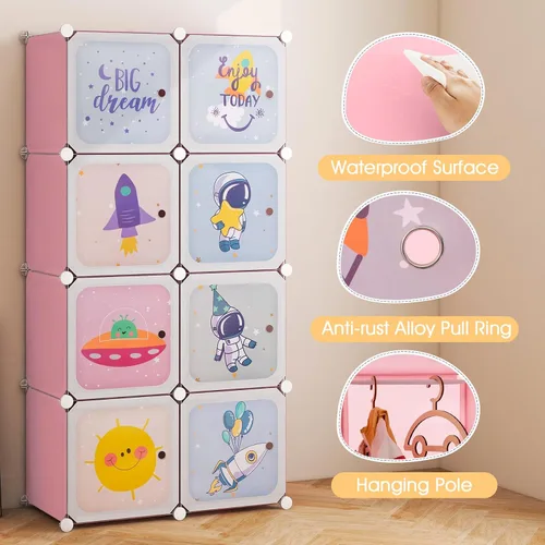 Miniatura 4 de INFANS Armario para niños, armario portátil para bebé, lindo para dormitorio de niños, armario de guardería con puertas, 12 cubos, 2 secciones