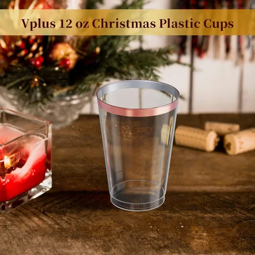 Miniatura 8 de Vplus Paquete de 150 vasos de plástico transparente reutilizables con borde de oro rosa de 12 onzas, vasos desechables de plástico resistentes