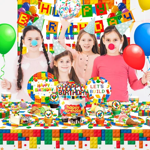 Miniatura 4 de Bloques de construcción, suministros para fiesta de cumpleaños, 10 invitados, bloques de construcción, bloques de construcción, platos de fiesta