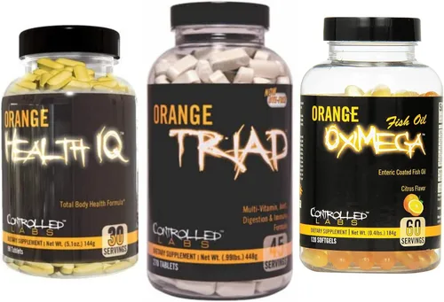 CONTROLLED LABS Paquete de salud general, 45 porciones de tríada naranja, 90 unidades Orange Health IQ, 120 unidades de aceite de pescado de oximega