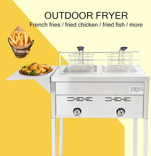 Miniatura 5 de Freidora comercial de dos tanques, cocina de propano con dos cestas de acero inoxidable y aceite de acero para freír al aire libre