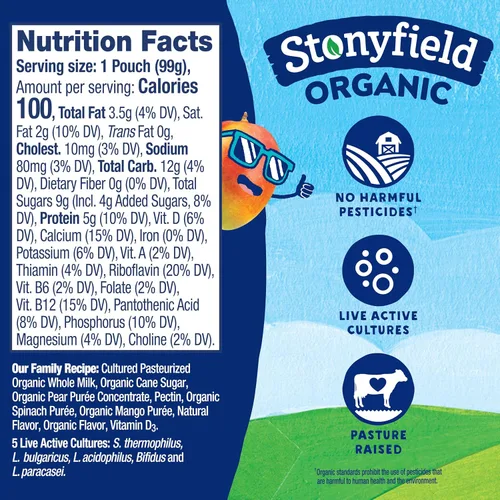 Miniatura 7 de Stonyfield Organic Bolsas de yogur de leche entera para niños, 3.5 onzas, cada unidad, verduras de fruta real, mango de espinacas y pera