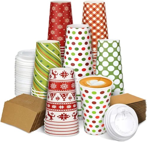 Miniatura 7 de Zhehao 90 piezas/30 juegos de tazas de café de papel navideñas con tapas y fundas, tazas de papel desechables para cacao caliente y fiestas
