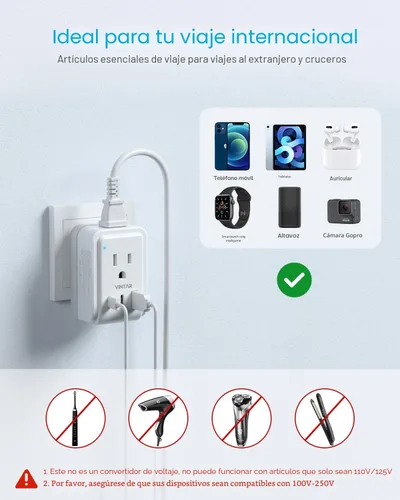 Miniatura 6 de VINTAR - Paquete de 1 adaptador de enchufe de viaje europeo, enchufe de alimentación internacional plegable con 2 salidas de CA, 3 puertos USB