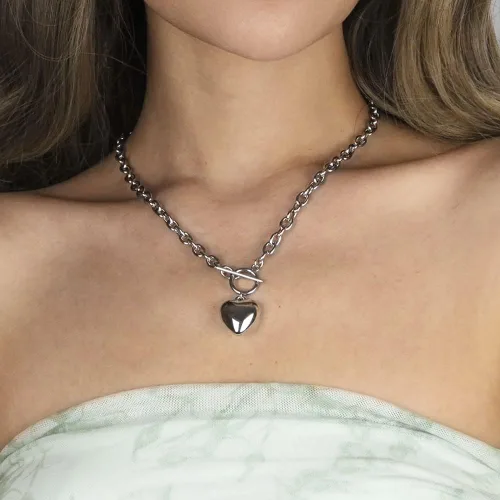 Miniatura 4 de Collar con dije de corazón de acero inoxidable plateado, gargantilla con dije de cadena de cable, joyería para mujeres y niñas