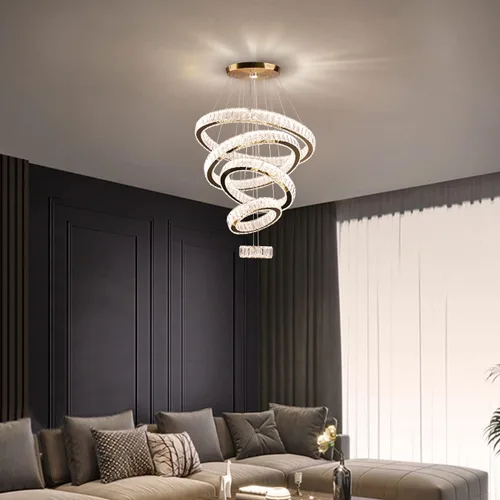 Miniatura 8 de Lámpara candelabro LED de cristal grande, moderna de 5 anillos, luz colgante ajustable para dormitorio, comedor, cocina (blanco cálido).