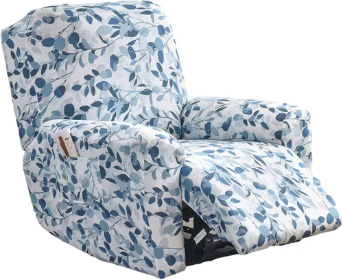 Miniatura 20 de NILUOH Funda para sillón reclinable, 4 piezas, elástica, estampada, con bolsillo lateral, funda para sofá reclinable, antideslizante, ajustable, 16