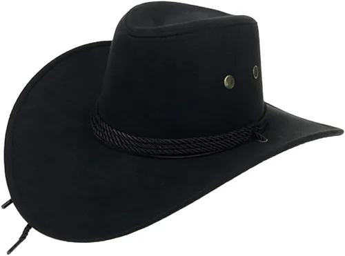 Miniatura 6 de Mens Faux Felt Western Cowboy Hat Fedora Outdoor Wide Brim Cowgirl Hat with Strap