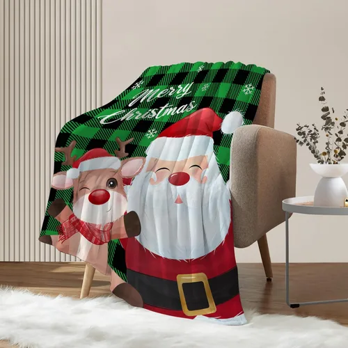 Miniatura 4 de Manta de Navidad a cuadros verdes, manta de Navidad con reno de Papá Noel, manta de invierno para vacaciones, sofá, cama, decorativa, suave, ligera