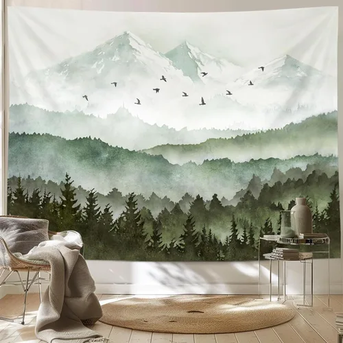 Miniatura 11 de kampdream Tapiz de bosque de montaña, tapiz de pared con diseño de árbol blanco y negro brumoso, paisaje de acuarela, tapiz de paisaje natural