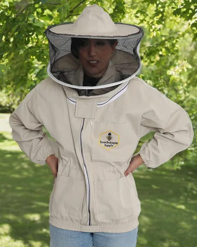 Miniatura 5 de Chaqueta de apicultura con velo redondo y guantes, chaqueta de abeja de lona natural con cremalleras de latón YKK duraderas para apicultores