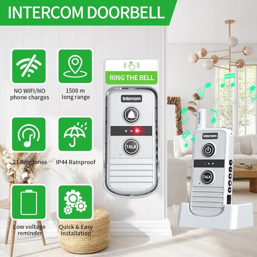 Miniatura 7 de Timbre inalámbrico, sistema de intercomunicación inalámbrico bidireccional, rango de 4900 pies y 16 canales, 4 niveles de volumen, 21 tonos