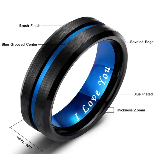 Miniatura 6 de Greenpod - Anillo de boda, de tungsteno, para hombre, 1564, 2064 y 2564 pulgadas, frase I love you grabada, ranura central fina de color azulrosa