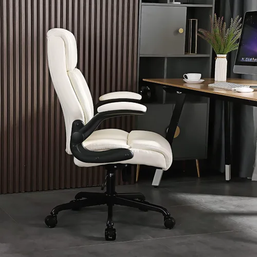 Miniatura 2 de Youhauchair Silla de oficina ejecutiva, silla ergonómica de piel sintética para computadora con soporte lumbar, reposabrazos abatibles y altura Beige