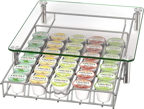 Miniatura 7 de Deco Brothers - Cajón de almacenamiento de cápsulas de café K-Cup de vidrio templado de cristal para 30 cápsulas, cromado Cromo con tapa de cristal