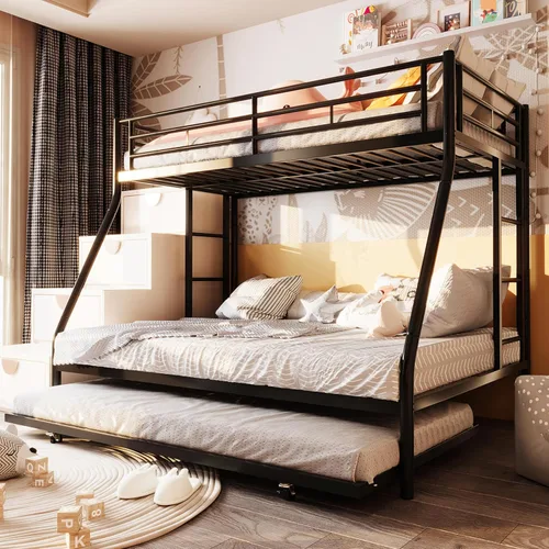 SUNLEI Cama alta de metal con 2 escaleras seguras, litera individual sobre matrimonial con nido, camas nido con protección de seguridad individual,