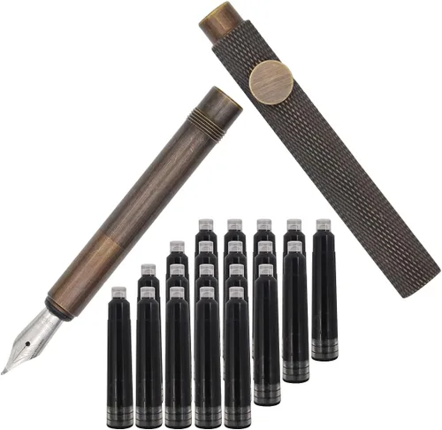 Bolígrafo de caligrafía de rayas de latón (3.346 in) de bolsillo corto de párrafo mini bolígrafo de viaje con 20 cartuchos de tinta negra Pluma de